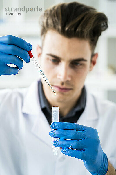 Männlicher Wissenschaftler hält Reagenzglas und Pipette bei der Herstellung einer Chemikalie im Labor