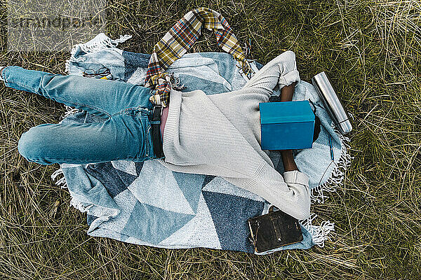 Junger Mann schläft auf einer Decke und bedeckt sein Gesicht mit einem Buch inmitten von getrockneten Pflanzen