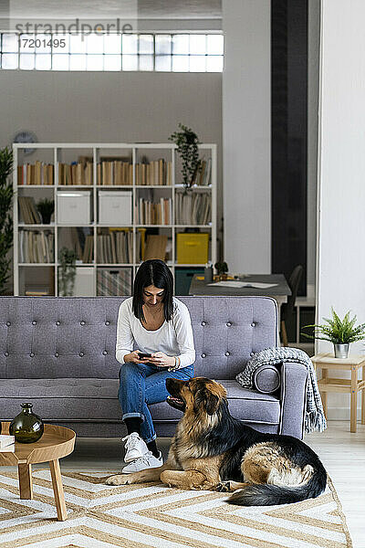 Junge Frau benutzt ihr Smartphone  während sie mit ihrem Hund im Wohnzimmer sitzt