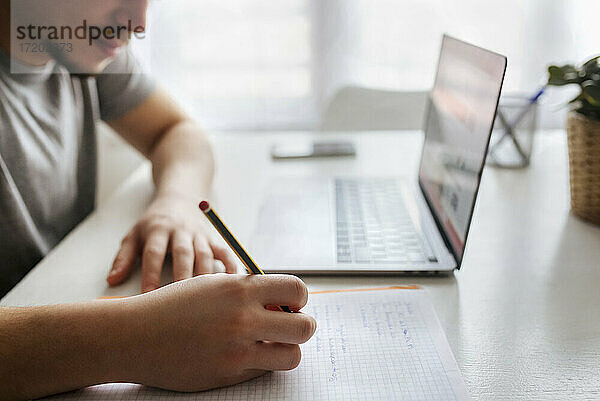 Männlicher Unternehmer schreibt in ein Buch  während er mit seinem Laptop im Büro zu Hause sitzt