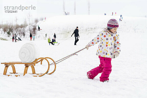 Mädchen in warmer Kleidung  das einen Schlitten auf Schnee im Park zieht