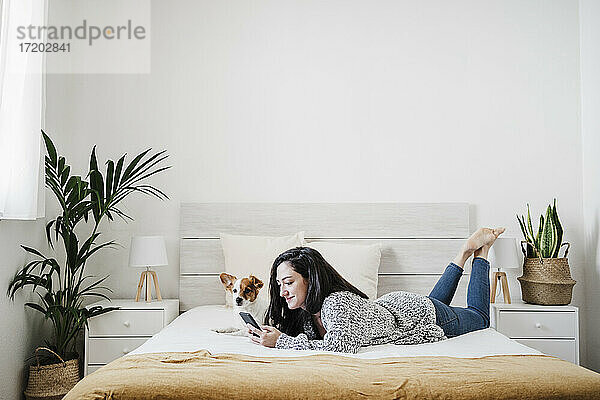 Lächelnde Frau  die ein Smartphone mit einem Jack Russell Terrier benutzt  während sie zu Hause auf dem Bett liegt