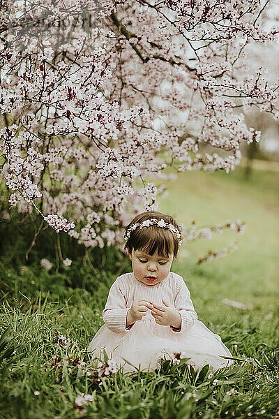 Baby Mädchen sitzt auf Gras in der Nähe von Kirschbaum im Frühling