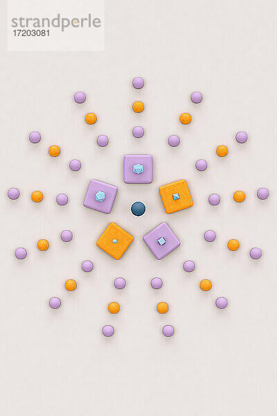Blaue Pyramiden  Würfel und platonische Ikosaeder auf orangem und violettem Hintergrund - Abstraktes 3D-Rendering
