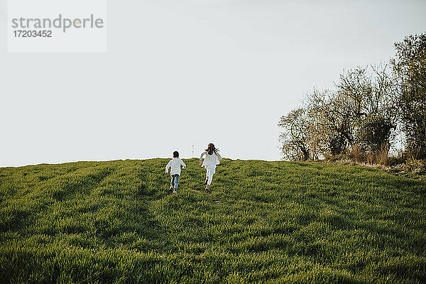 Bruder und Schwester laufen auf der Wiese gegen den klaren Himmel