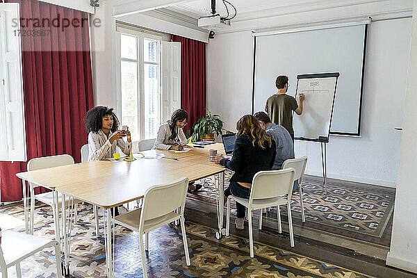 Männliche und weibliche Unternehmer diskutieren an einem Konferenztisch im Büro