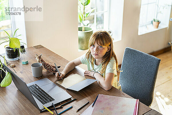 Ernstes rothaariges Mädchen macht Hausaufgaben vor dem Laptop zu Hause