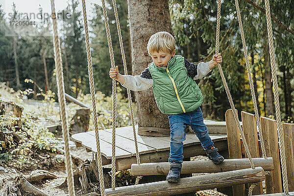 Junge beim Balancieren im Hochseilgarten im Wald im Salzburger Land  Österreich