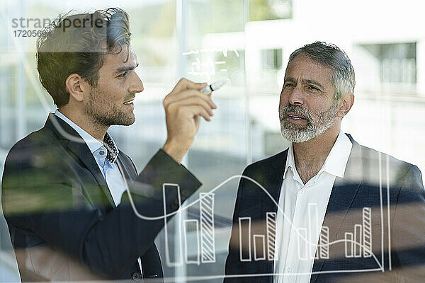 Männlicher Unternehmer arbeitet mit einem Kollegen an einer Grafik auf Glas in einem modernen Büro