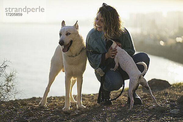 Lächelnde Frau mit Siberian Husky und Jack Russell Terrier  die sich gegen den Himmel stellen