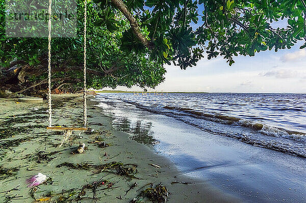 Indonesien  Insel Bintan  Leere Seilschaukel am tropischen Strand