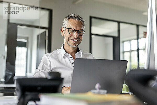 Lächelnder Geschäftsmann  der einen Laptop benutzt  während er am Schreibtisch im Büro sitzt