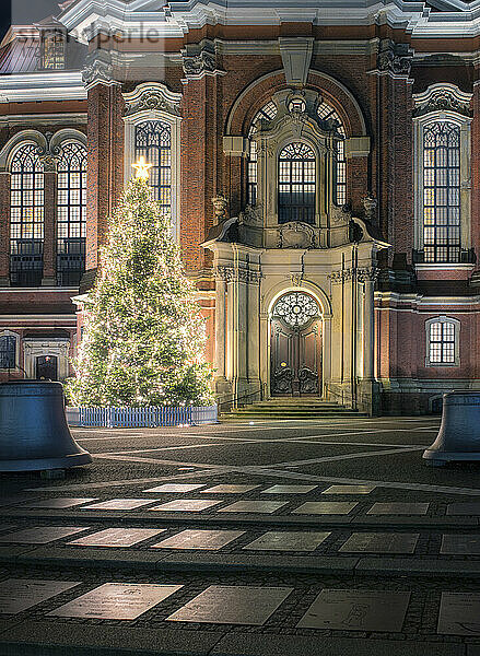 Deutschland  Hamburg  leuchtender Weihnachtsbaum vor der St. Michaelskirche bei Nacht