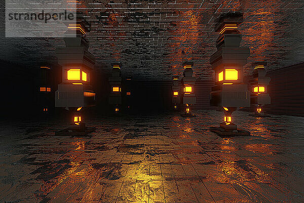 Dreidimensionales Rendering einer dunklen Umgebung  beleuchtet von leuchtenden Säulen