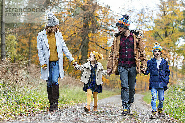 Familie hält sich an den Händen  während sie im Herbst auf einem Wanderweg im Wald spazieren geht