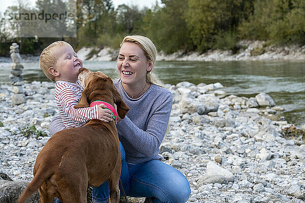 Junge Mutter mit ihrem Sohn und Hund beim Spielen am Flussufer