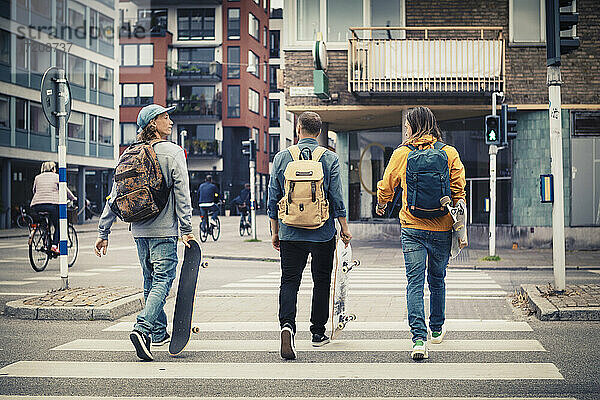 Rückansicht von männlichen Freunden mit Skateboards überqueren Straße in der Stadt