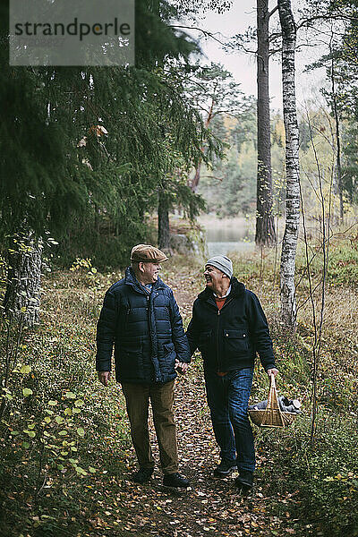 Glückliches homosexuelles Paar hält Hände beim Spaziergang im Wald