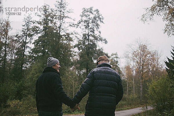 Glückliches homosexuelles Paar hält Hände beim Spaziergang im Wald