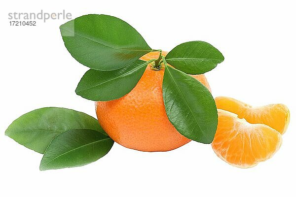 Mandarine Frucht mit Blätter Freisteller freigestellt isoliert vor einem weißen Hintergrund