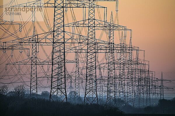 Strommasten einer Stromtrasse bei Sonnenuntergang  Sinnersdorf  Nordrhein-Westfalen  Deutschland  Europa