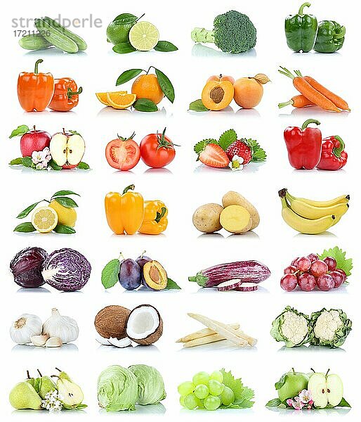 Früchte Obst und Gemüse Apfel Tomaten Orange Zitrone Salat Farben Sammlung Freisteller freigestellt isoliert vor einem weißen Hintergrund