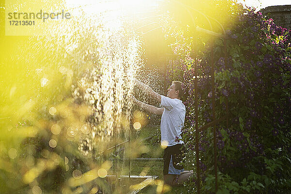 Mann Einstellung Sprinkler in sonnigen Sommergarten