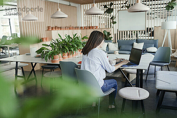 Geschäftsfrau arbeitet an Laptop in lässigen Büro Lounge