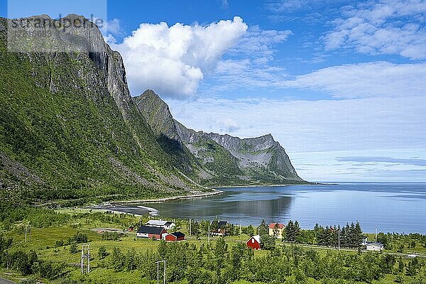 Ausblick von der Bergsbotn Aussichtsplattform  Ort mit Bucht  Skaland  Senja  Norwegen  Europa