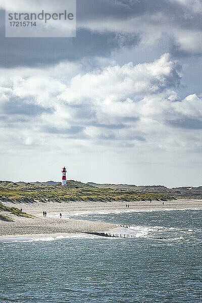 Sandstrand  Meer und Rot-Weißer Leuchtturm List-Ost in den Dünen  Ellenbogen  Sylt  Nordfriesische Insel  Nordsee  Nordfriesland  Schleswig-Holstein  Deutschland  Europa