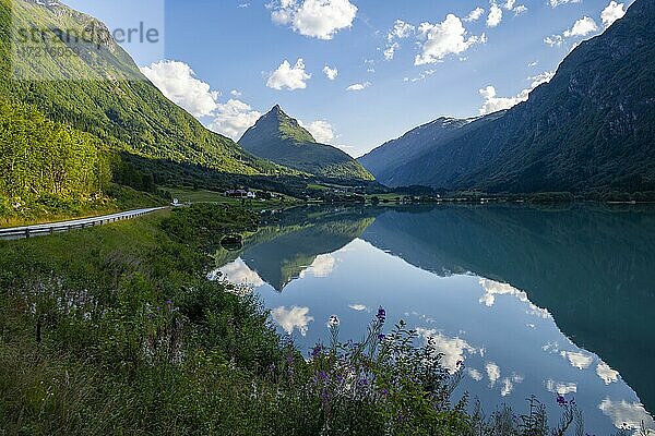 See Bergheimsvatnet und Berge  Byrkjelo  Norwegen  Europa