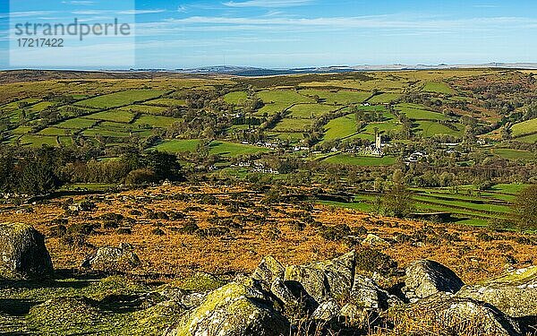 Felder und Wiesen in Haytor Rocks  Dartmoor Park  Widecombe in the Moor  Devon  England  Vereinigtes Königreich