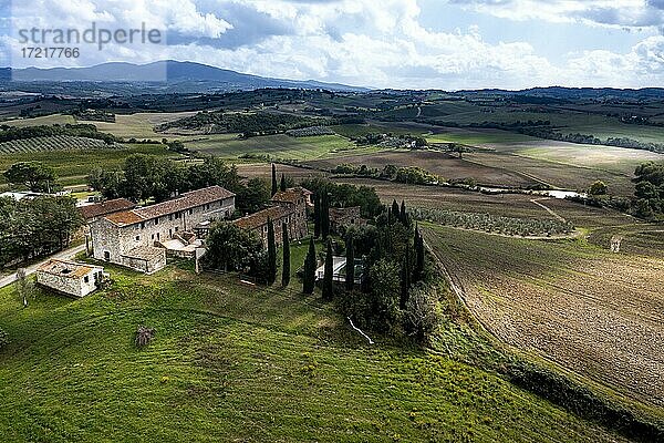 Luftaufnahme  Landgut mit Olivenbäumen  und Zypressen  Cinigiano  Provinz Grosseto  Toskana  Italien  Europa