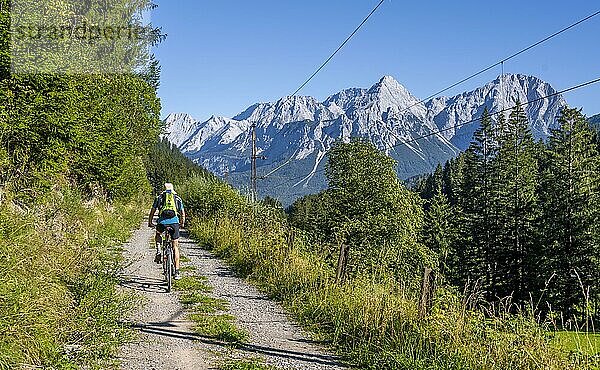 Fahrradfahrer auf Radtour mit Mountainbike  auf dem Radweg Via Claudia Augusta  hinten Ehrwalder Sonnenspitze  Ehrwalder Becken  bei Ehrwald  Tirol  Österreich  Europa