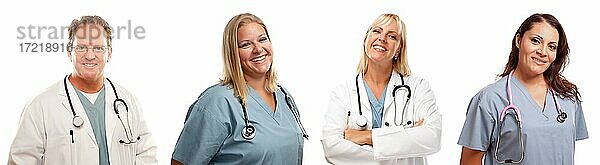Arzt und Ärztinnen oder Krankenpfleger und Krankenschwestern vor weißem Hintergrund