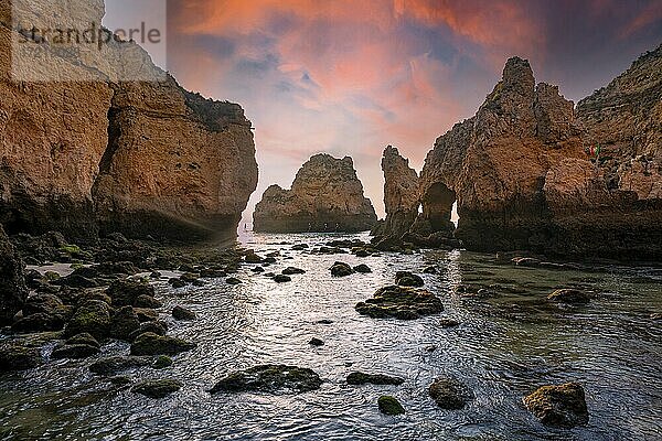 Felsformationen im Meer  Morgenrot  Felsenküste aus Sandstein  Ponta da Piedade  Algarve  Lagos  Portugal  Europa