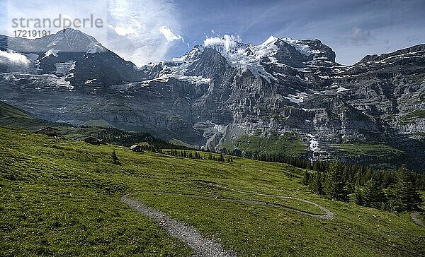 Wanderweg vor der Eiger Nordwand  Steilwand und Berge  hinten Berge und Berggipfel  Jungfrauregion  Lauterbrunnen  Berner Alpen  Schweiz  Europa