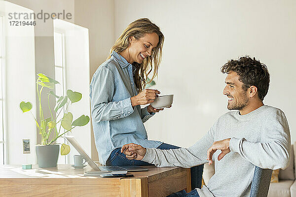 Lächelnder Freund mit Laptop  der mit seiner Freundin diskutiert  die auf dem Schreibtisch im Büro zu Hause sitzt