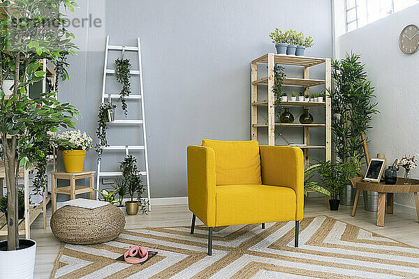 Leere gelbe Couch inmitten von Pflanzen in einem modernen Haus