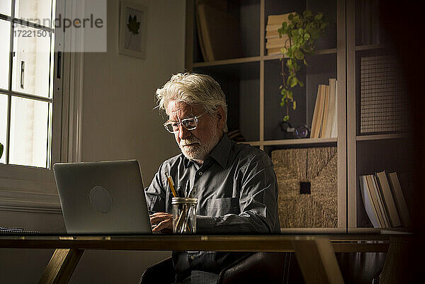 Älterer männlicher Unternehmer  der von zu Hause aus an seinem Laptop arbeitet