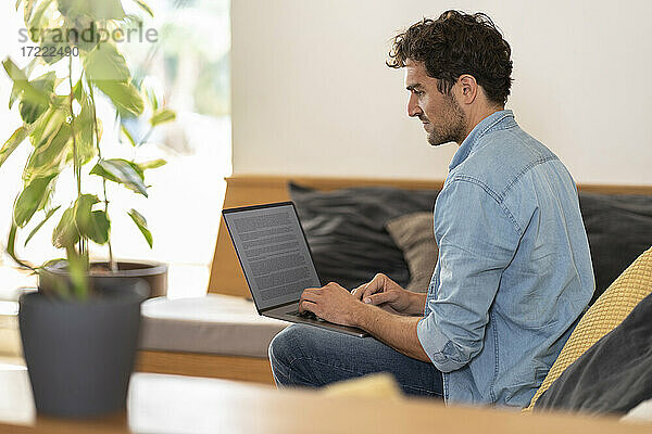 Konzentrierter männlicher Freiberufler auf der Couch sitzend mit Laptop zu Hause