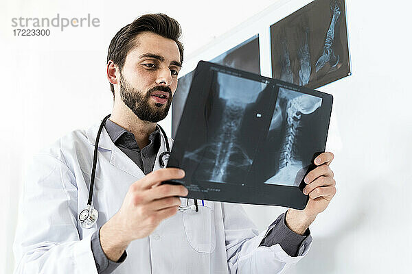 Männlicher medizinischer Sachverständiger  der einen Röntgenbericht untersucht  während er an einer weißen Tafel steht