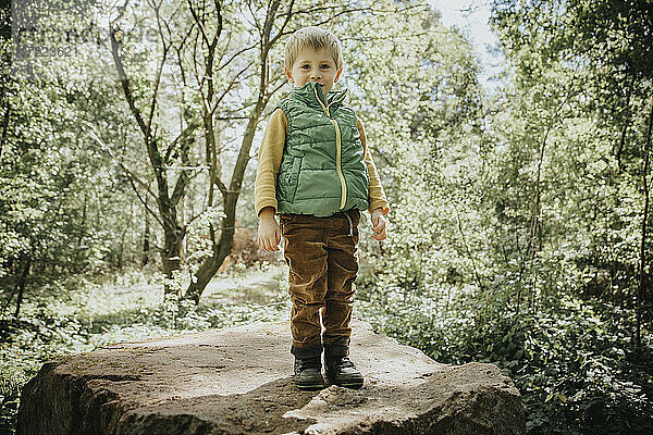 Niedlicher Junge steht auf einem Felsen im Wald