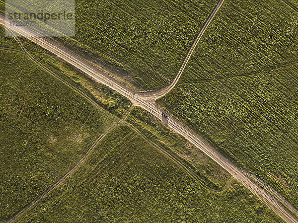Luftaufnahme eines Autos auf einem Feldweg  Tichwin  Russland