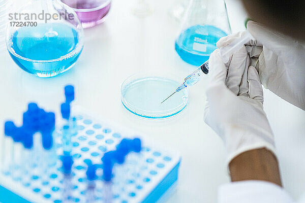 Forscher  der im Labor mit einer Spritze Flüssigkeit aus einer Petrischale aufzieht