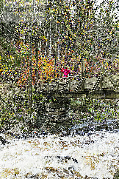 Männlicher älterer Wanderer steht auf einer Brücke über einem Wasser im Wald