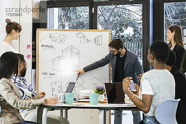 Junger Unternehmer erklärt einem Kollegen in einer Besprechung ein Diagramm auf einem Whiteboard