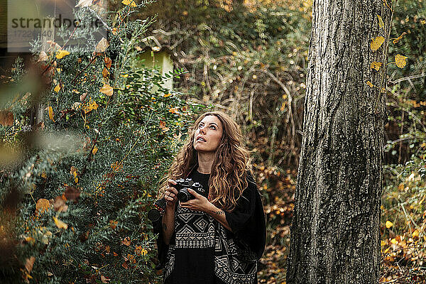 Mittlere erwachsene Frau schaut nach oben  während sie die Kamera an einem Baumstamm im Wald hält