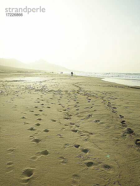 Spanien  Kanarische Inseln  Fuerteventura  Sandstrand Playa de Cofete bei Sonnenuntergang