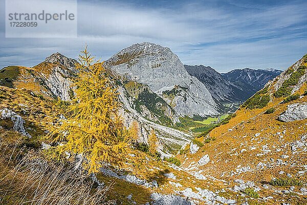 Falzthurnthal im Herbst  Gipfel des Sonnjoch  Berge und Bergtäler  Blick  Eng  Gemeinde Hinterriß  Karwendelgebirge  Alpenpark Karwendel  Tirol  Österreich  Europa